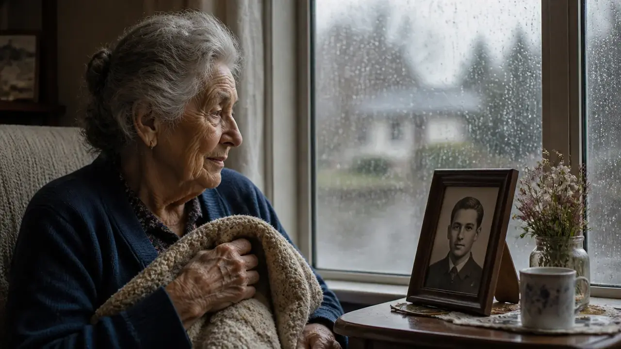 Sad elderly woman looking at family photographs beside a rainy window
