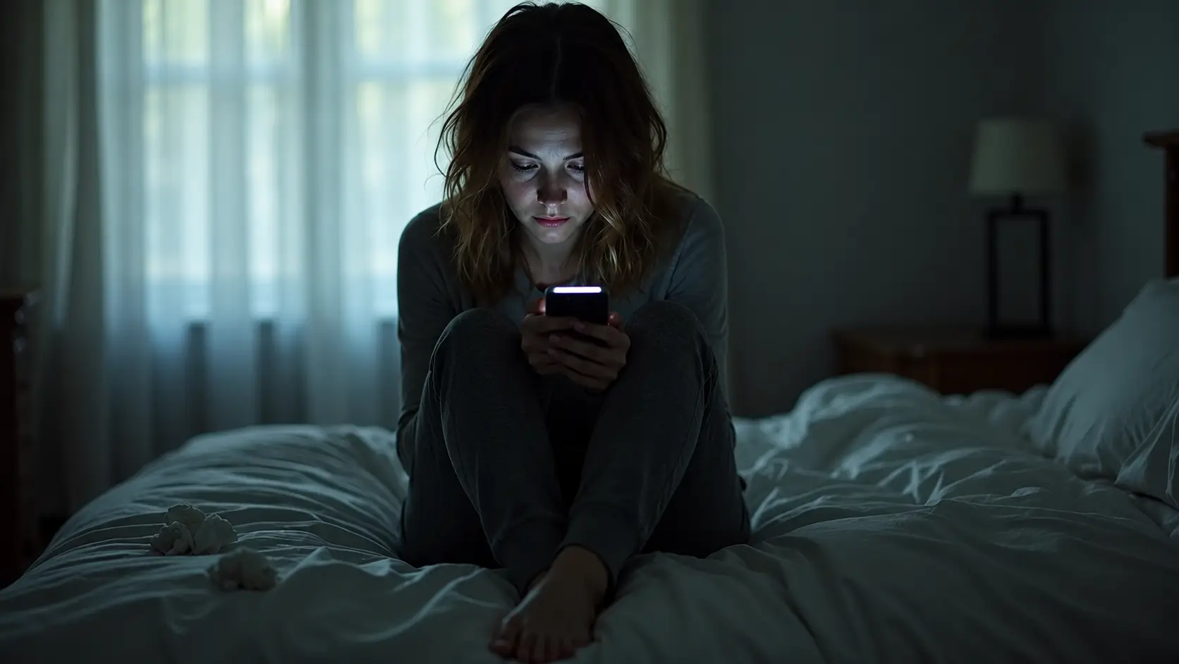 A young woman in gray loungewear sits on a bed at night, looking at her smartphone as its glow softly illuminates her face in a dimly lit bedroom.
