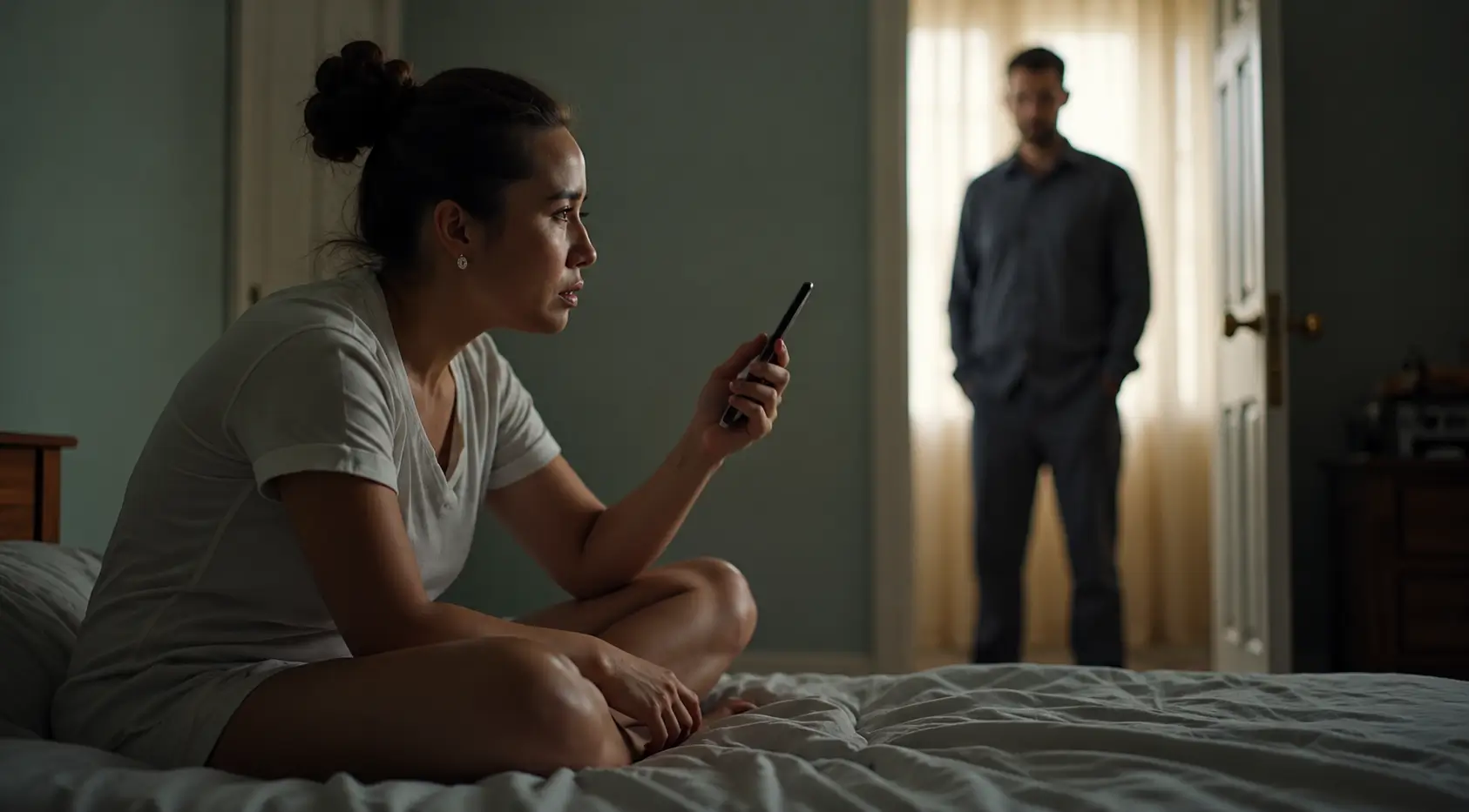 A woman sits on a bed holding a smartphone with a concerned expression while a blurred man stands in the bedroom doorway, creating a tense and emotionally charged atmosphere.