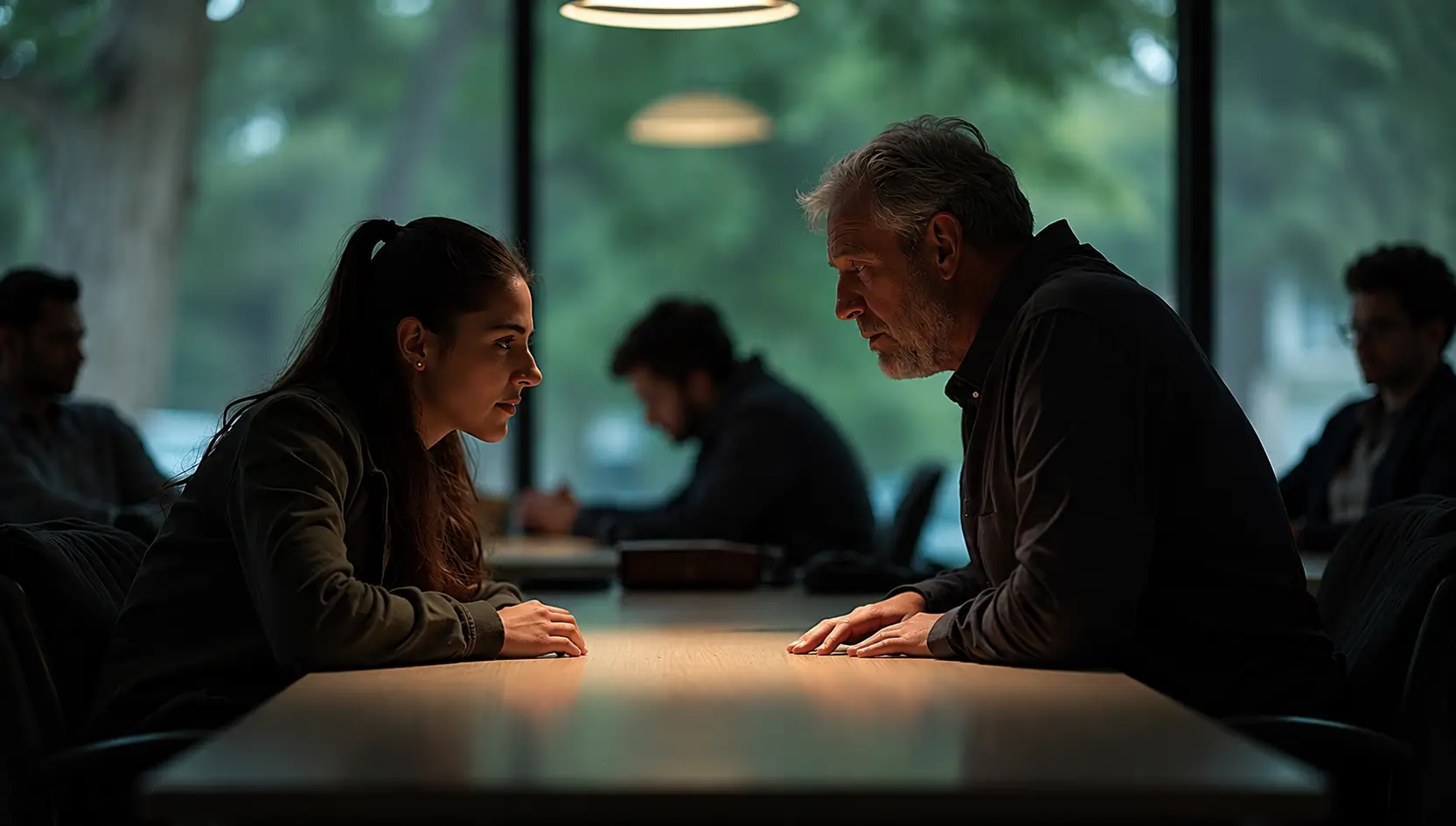 A young woman and an older man sit across from each other at a table in a softly lit room, maintaining focused eye contact with their hands resting naturally on the table.