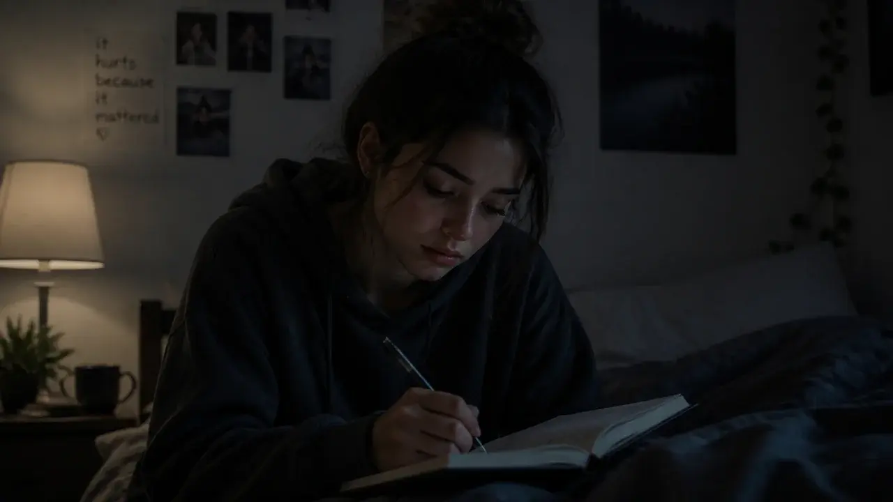 Sad young woman writing in a journal alone in a dim bedroom