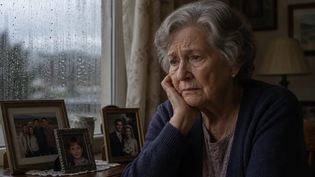 Lonely elderly woman looking through a rain-covered window beside a cup of tea