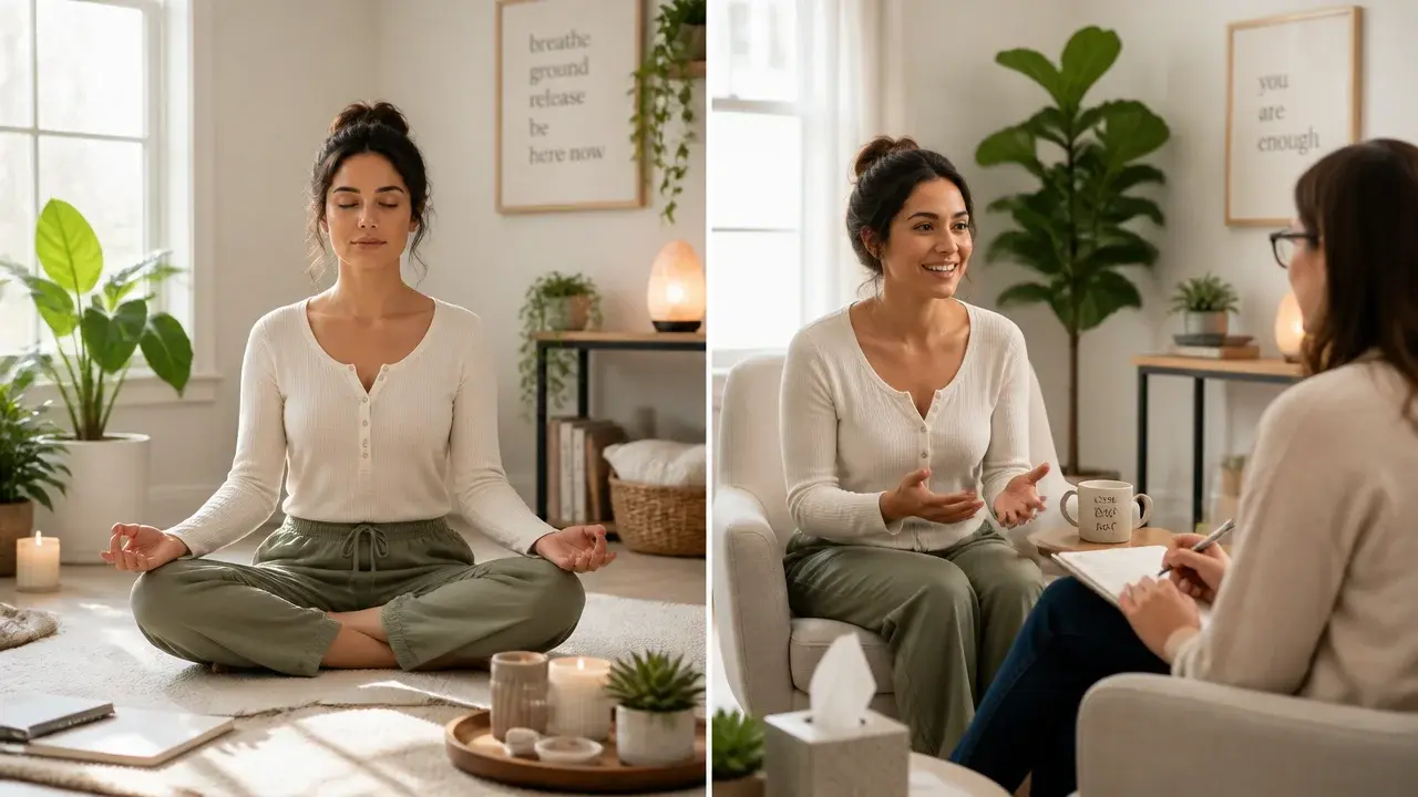 Split-screen of a woman meditating and speaking with a therapist