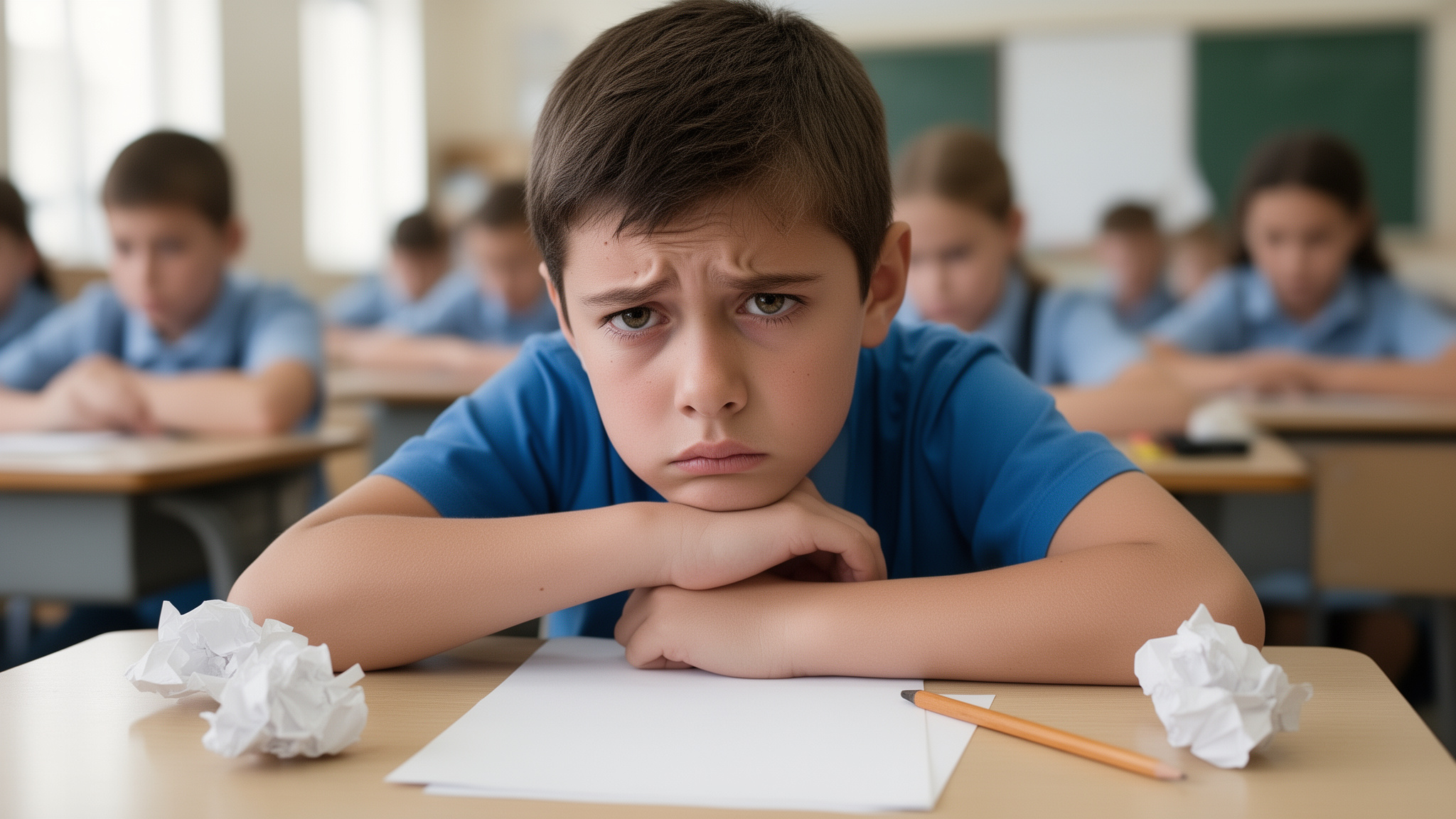 Sad schoolboy sitting at a classroom desk with other students in the background.