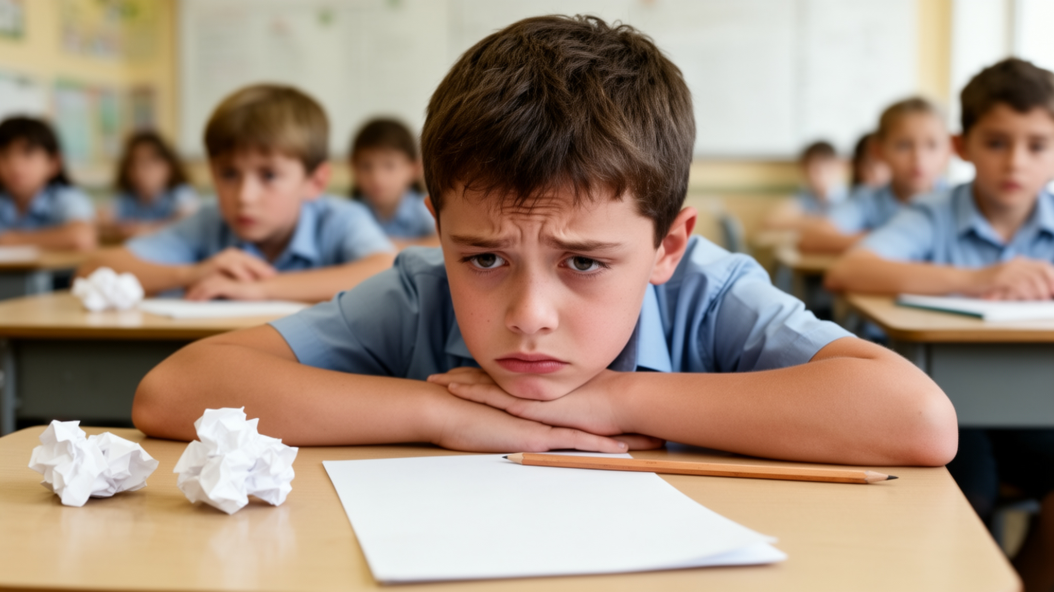 Sad schoolboy sitting at a classroom desk with other students in the background.