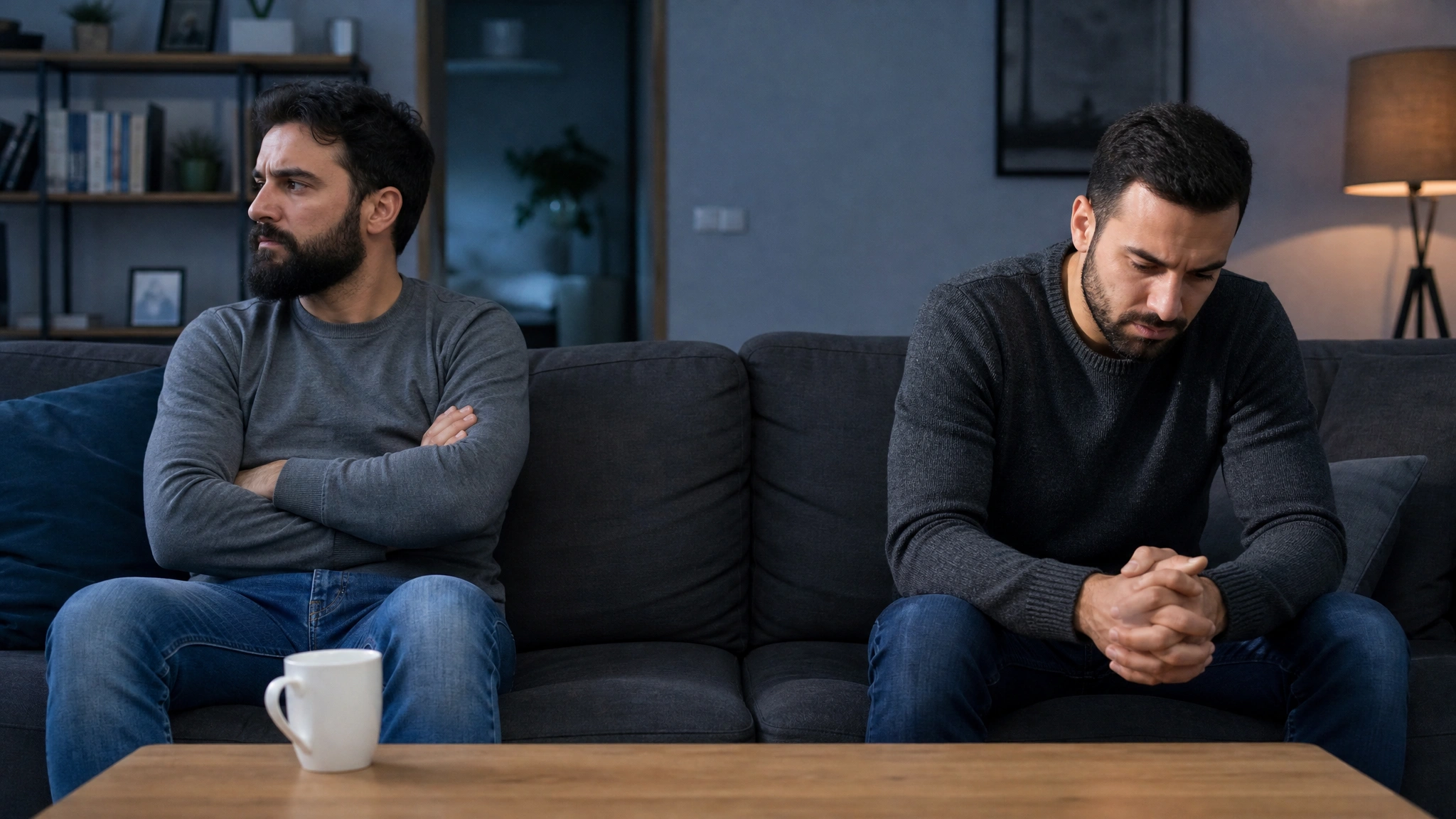 Two men sitting apart on a sofa showing frustration and emotional distance.