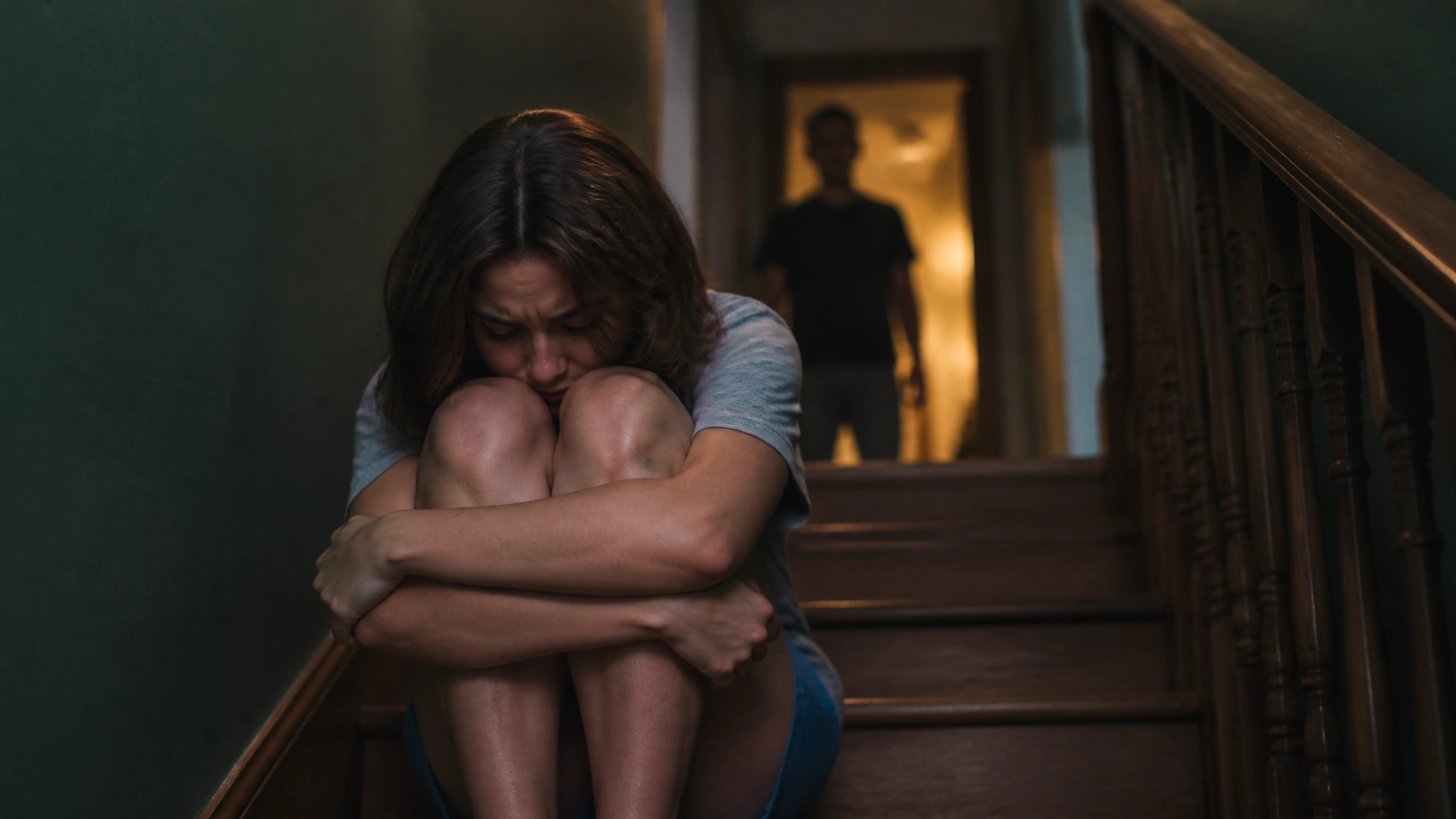 Young woman sitting on a staircase with her knees hugged close and head lowered.