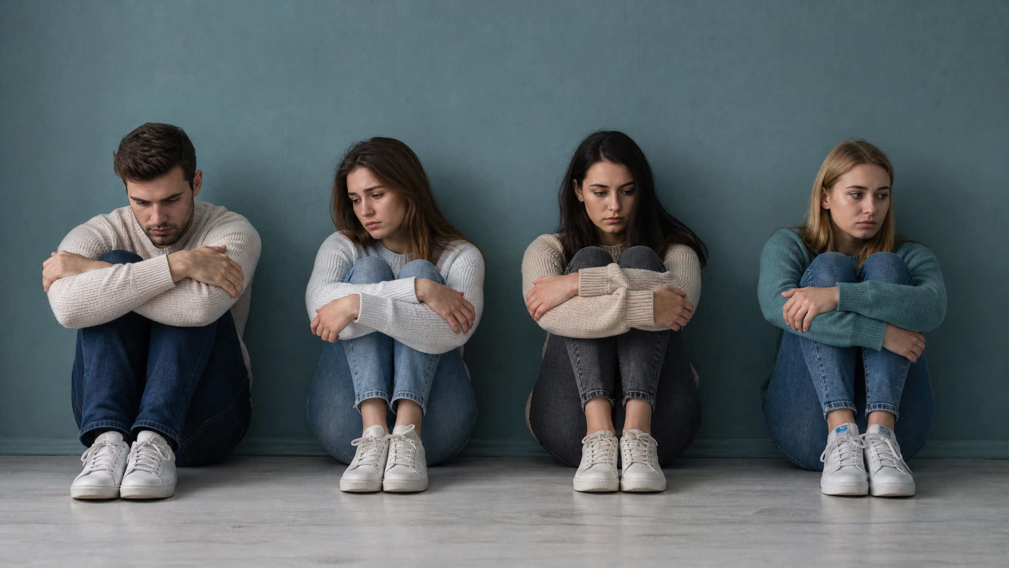 Four young adults sitting apart on the floor with withdrawn expressions.