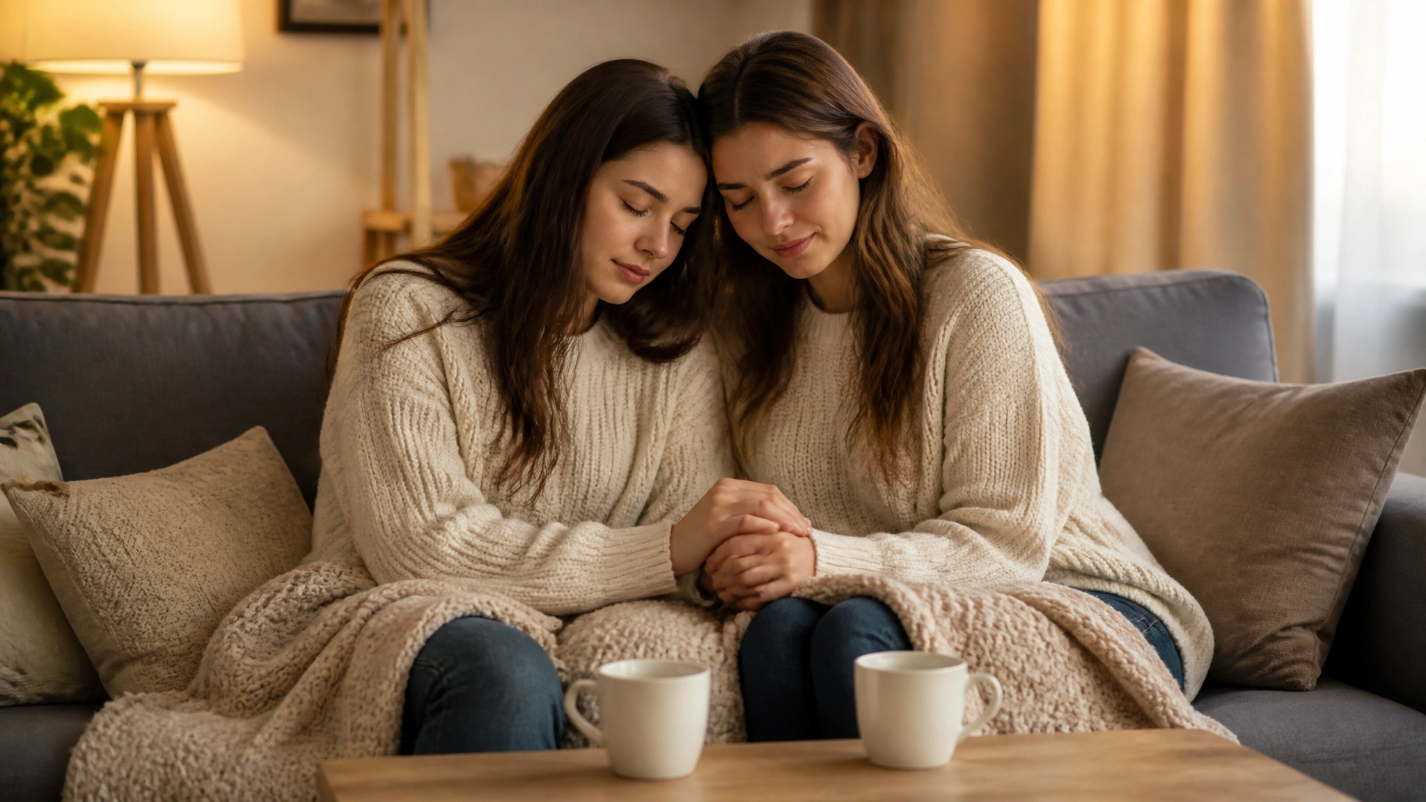 Two women holding hands and comforting each other while sitting on a sofa.
