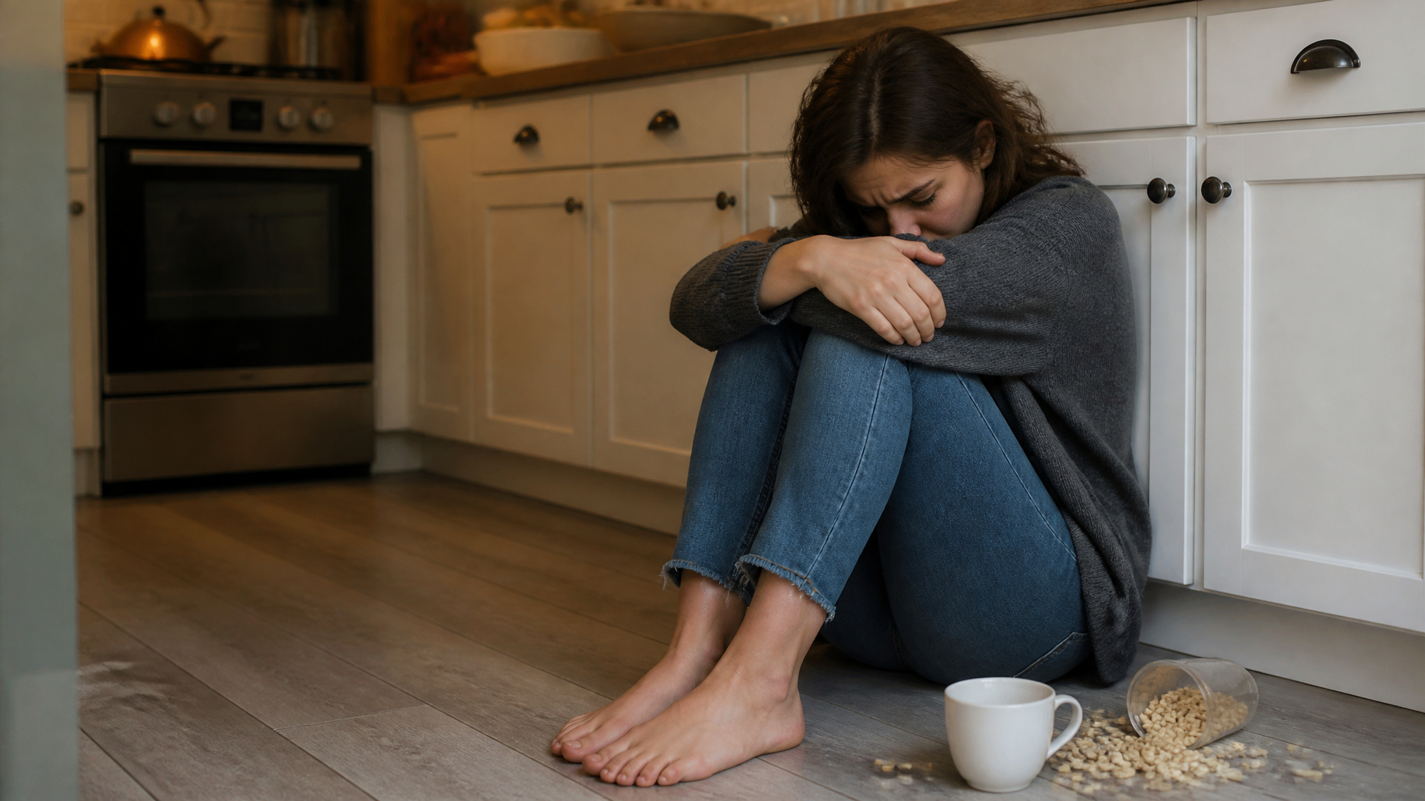 Distressed woman sitting on the kitchen floor beside a mug and spilled cereal.